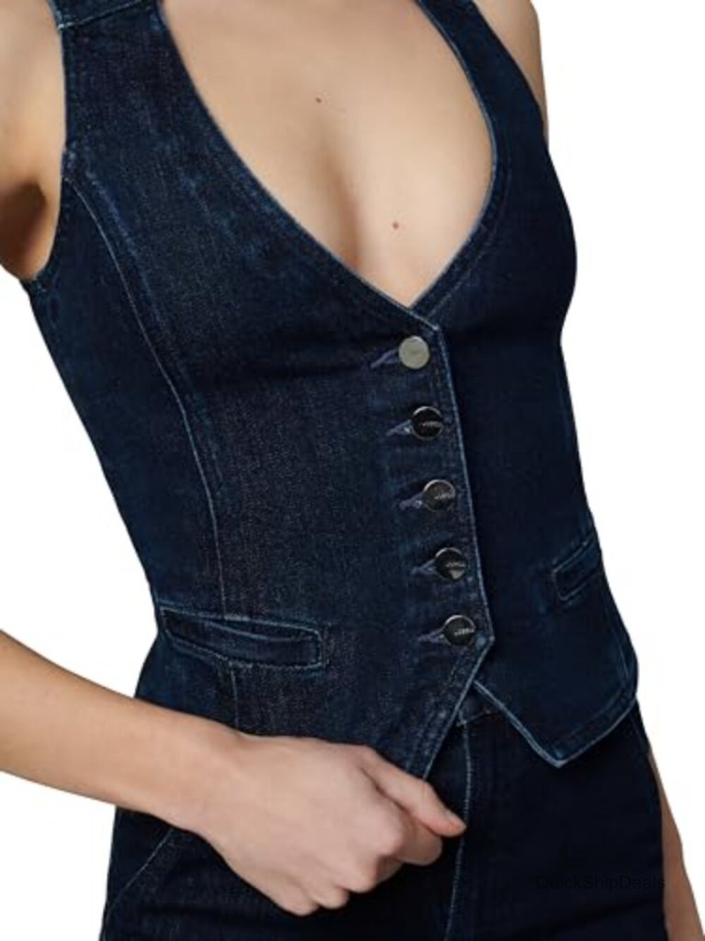 Denim Waistcoat Sleeveless Vest Fitted with Pocket Front Button Closure - Picture 4 of 7